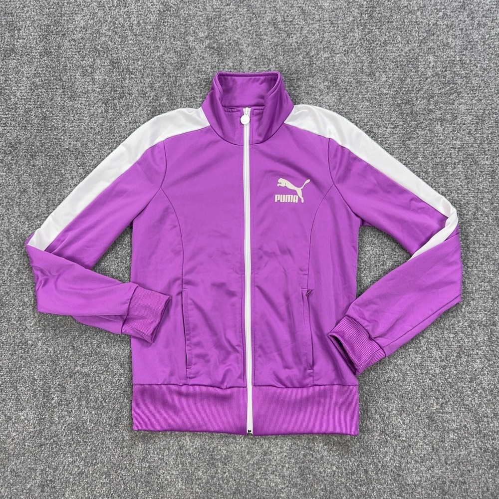Puma Track Jacket Womens Medium Purple White Full Zip Athletic Logo 557874